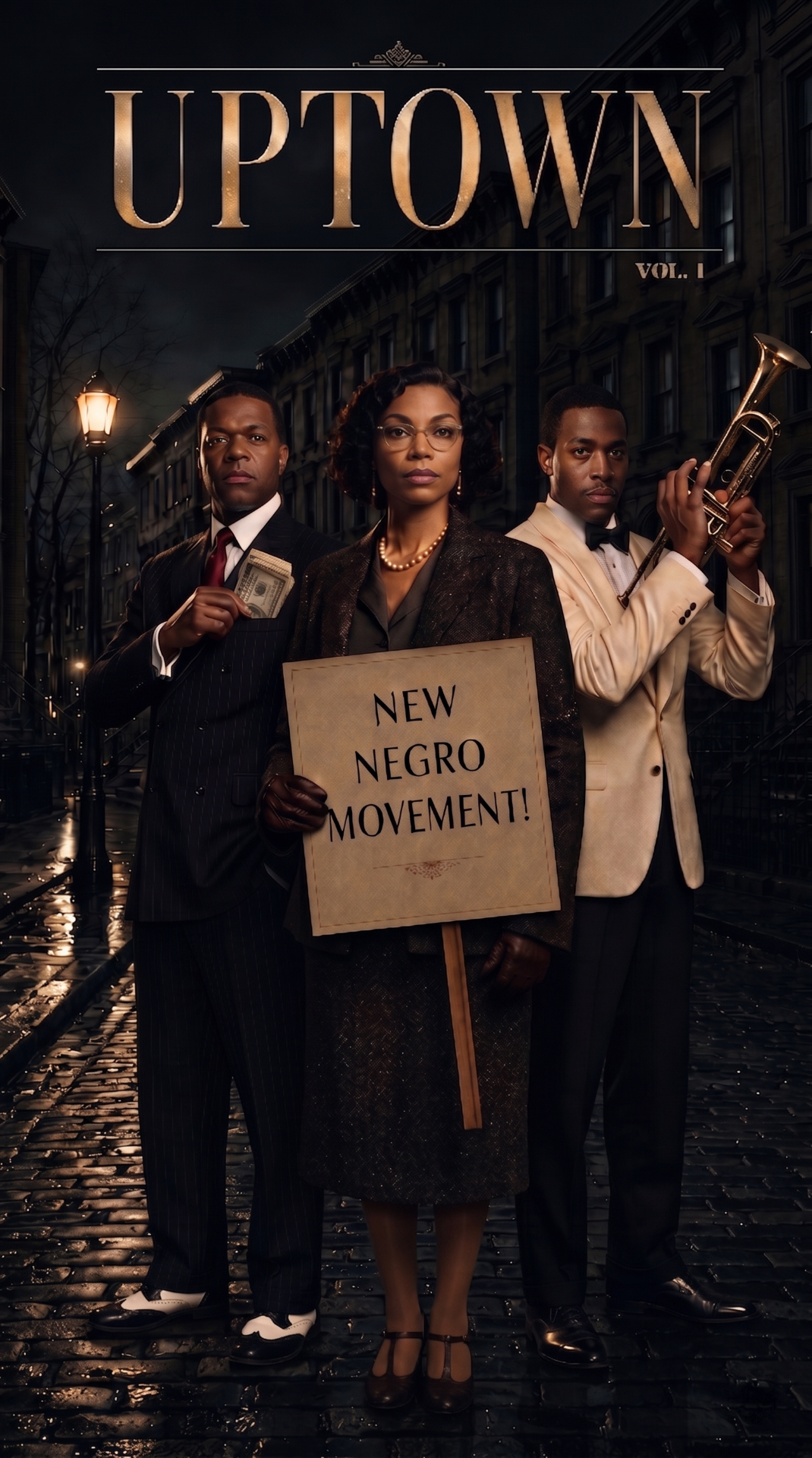UPTOWN — three characters of the Harlem Renaissance on a moonlit brownstone street